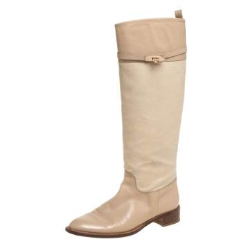 Pre Owned Salvatore Ferragamo Beige Canvas And Leather  Calipso Knee High Boots Size 39.5