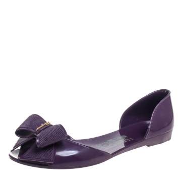 Pre Owned Salvatore Ferragamo Purple Rubber Bow Barbados Peep Toe Flats Size 38.5