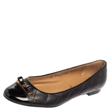 Pre Owned Salvatore Ferragamo Black Quilted Leather And Patent Leather Cap Toe Bow Ballet Flats Size 38
