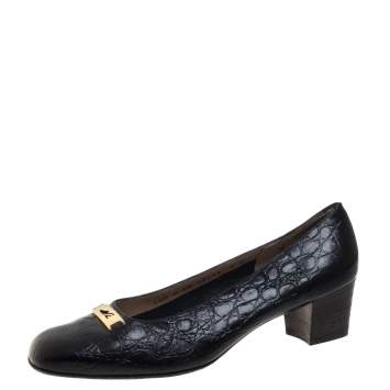 Pre Owned Salvatore Ferragamo Vintage Black Croc Embossed Leather Embellished Pumps Size 38.5