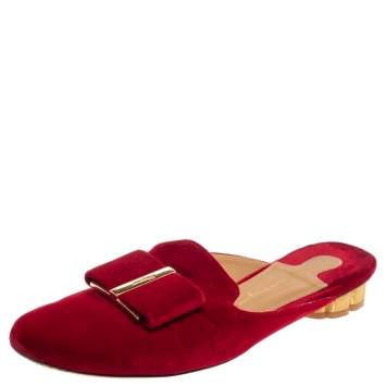 Pre Owned Salvatore Ferragamo Red Velvet Sciacca Flat Mules Size 37