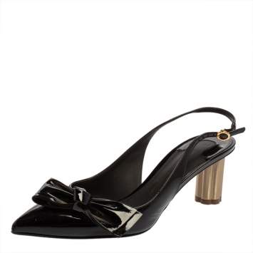 Pre Owned Salvatore Ferragamo Black Bow Patent Leather Slingback Pumps Size 35.5  