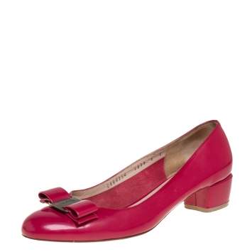 Pre Owned Salvatore Ferragamo Pink Leather Vara Bow Block Heel Pumps Size 38.5