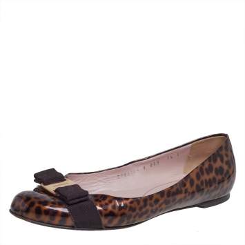 Pre Owned Salvatore Ferragamo Brown/Black Leopard Print Patent Leather Varina Ballet Flats Size 38