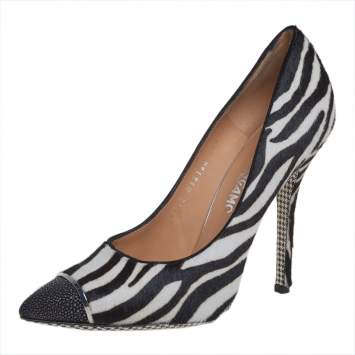 Pre Owned Salvatore Ferragamo Black/White Zebra Print Calf Hair And Stingray Leather Pumps Size 40