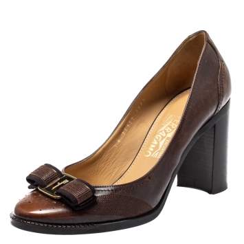 Pre Owned Salvatore Ferragamo Brown Leather Vara Bow Block Heels Pumps Size 38