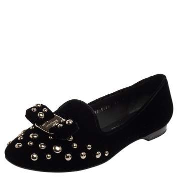 Pre Owned Salvatore Ferragamo Black Studded Velvet Scotty Roc Vara Bow Smoking Slippers Size 37