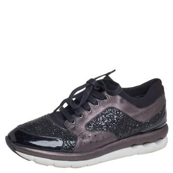 Pre Owned Salvatore Ferragamo Black/Metallic Grey Glitter And Leather Low Top Sneakers Size 39