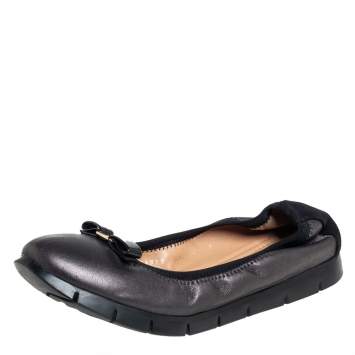 Pre Owned Salvatore Ferragamo Black Leather Bow Scrunch Ballet Flats Size 39.5