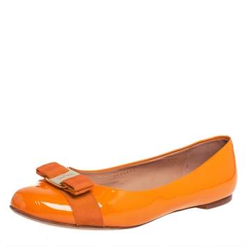 Pre Owned Salvatore Ferragamo Orange Patent Leather Vara Bow Ballet Flats Size 40