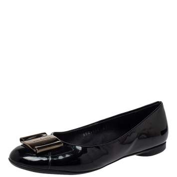 Pre Owned Salvatore Ferragamo Black Patent Leather Metal Buckle Ballet Flats Size 36.5