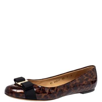 Pre Owned Salvatore Ferragamo Brown Tortoiseshell Print Patent Leather Varina Ballet Flats Size 39.5