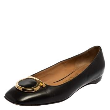 Pre Owned Salvatore Ferragamo Black Leather Ena Gancini Flats Size 36.5