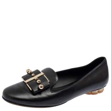 Pre Owned Salvatore Ferragamo Black Leather Sarno Pearl Flats Size 36