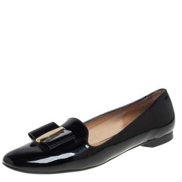 Pre Owned Salvatore Ferragamo Black Patent Leather Vara Bow Smoking Slippers Size 41.5