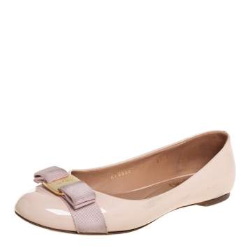 Pre Owned Salvatore Ferragamo Nude Pink Patent Leather Vara Bow Flats Size 37