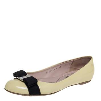 Pre Owned Salvatore Ferragamo Yellow Patent Leather Vara Bow Ballet Flats Size 38.5