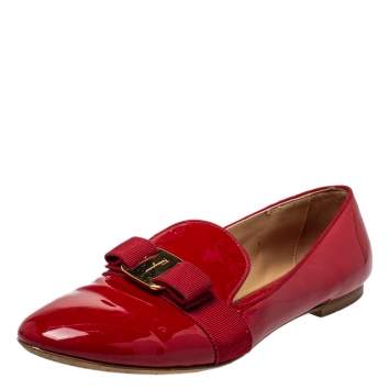 Pre Owned Salvatore Ferragamo Red Patent Leather Bow Loafers Size 39.5