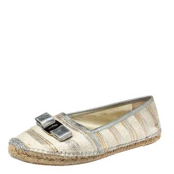Pre Owned  Salvatore Ferragamo Beige/Silver Canvas And Leather Espadrille Flats 40