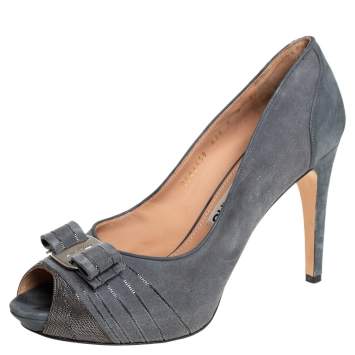 Pre Owned Salvatore Ferragamo Grey Suede And Nubuck Leather Bow Peep Toe Pumps Size 39.5