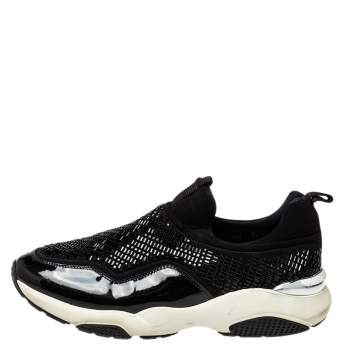 Pre Owned Salvatore Ferragamo Black Fabric And Patent Leather Embellished Slip-on Sneakers Size 38.5