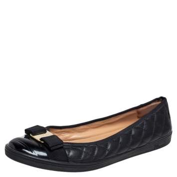 Pre Owned Salvatore Ferragamo Black Quilted Leather Vara Bow Ballet Flats Size 40.5