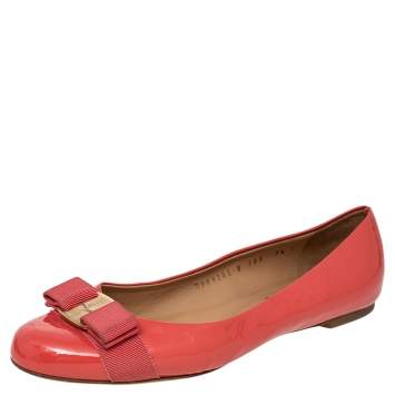 Pre Owned Salvatore Ferragamo Coral Pink Patent Leather Vara Bow Flats Size 38