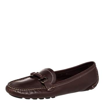 Pre Owned Salvatore Ferragamo Brown Leather Gancini Bit Slip On Loafers Size 39.5