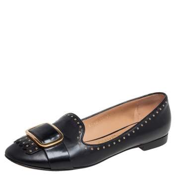 Pre Owned Salvatore Ferragamo Black Leather Studded Fringe Detail Ballet Flats Size 36.5
