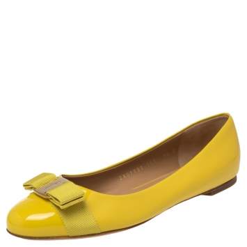 Pre Owned Salvatore Ferragamo Yellow Patent Leather Vara Bow Ballet Flats Size 38