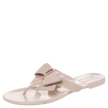 Pre Owned Salvatore Ferragamo Cream Jelly Bali Embossed Bow Thong Sandals Size 37.5