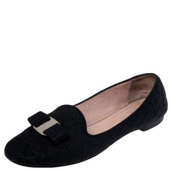 Pre Owned Salvatore Ferragamo Black Canvas Velvet Bow Detail Smoking Slippers Size 37