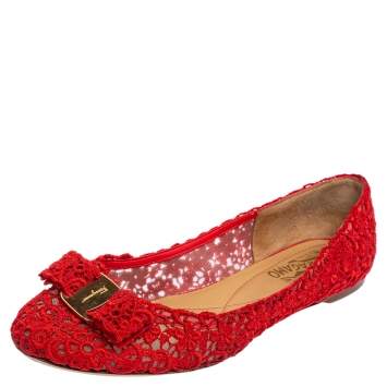 Pre Owned Salvatore Ferragamo Red Lace Vara Bow Ballet Flats Size 39