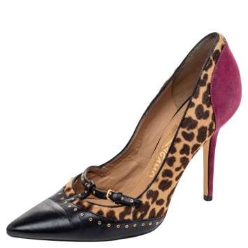 Pre Owned Salvatore Ferragamo Multicolor Leather And Leopard Pony Hair Lienna Studded Pumps Size 37.5