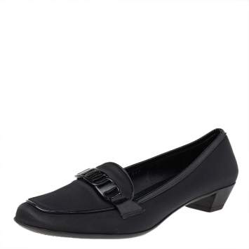 Pre Owned Salvatore Ferragamo Black Satin and Patent Leather Loafer Pumps Size 38