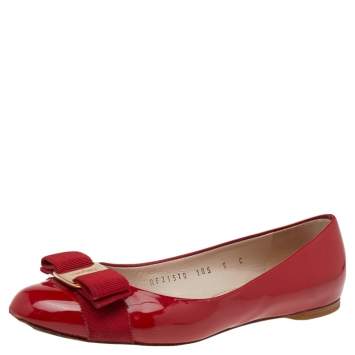 Pre Owned Salvatore Ferragamo Red Patent Leather Vara Bow Flats Size 35.5