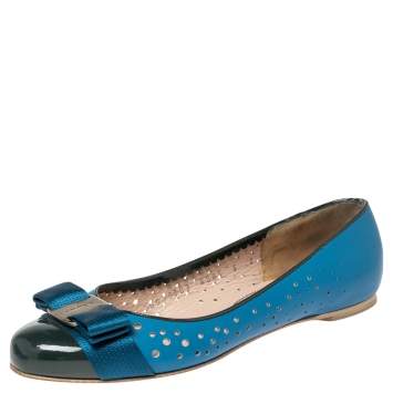 Pre Owned Salvatore Ferragamo Blue/Green Leather And Patent Bow Ballet  Flats Size 35.5