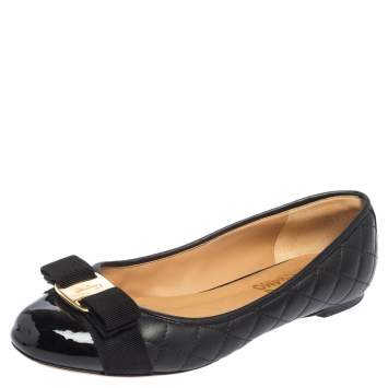 Pre Owned Salvatore Ferragamo Black Quilted Leather Vara Bow Flats Size 37.5