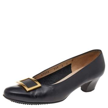 Pre Owned Salvatore Ferragamo Black Leather Buckle Pumps Size 36.5