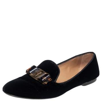 Pre Owned Salvatore Ferragamo Black Velvet Bow Detail Smoking Slippers Size 38.5