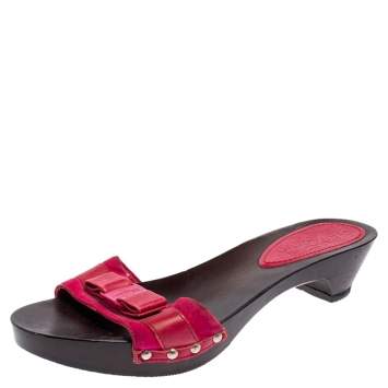 Pre Owned Salvatore Ferragamo Magenta Suede and Leather Vara Bow Slide Sandals Size 36