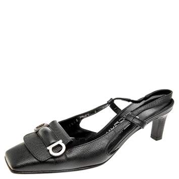 Pre Owned Salvatore Ferragamo Black Saffiano Leather Buckle Detail Slingback Sandals Size 36.5