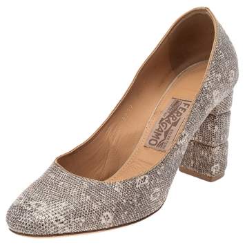 Pre Owned Salvatore Ferragamo Two Tone Lizard Embossed Leather Block Heel Pumps Size 38.5