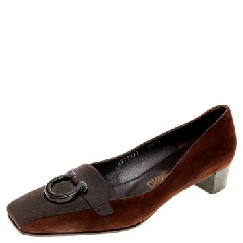 Pre Owned Salvatore Ferragamo Brown Suede and Fabric Gancio Square Toe Pumps Size 38.5