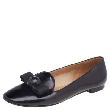 Pre Owned Salvatore Ferragamo Black Patent Leather Bow Smoking Slippers Size 37