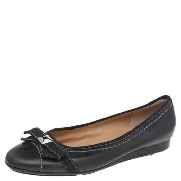 Pre Owned Salvatore Ferragamo Black Leather Bow Detail Ballet Flats Size 38.5 