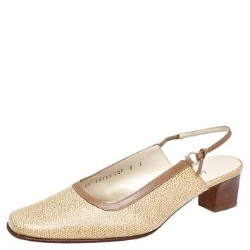 Pre Owned Salvatore Ferragamo Beige Leather Square Toe Slingback Block Heel Pumps Size 38.5