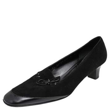 Pre Owned Salvatore Ferragamo Black Leather And Suede Bow Pumps Size 38.5