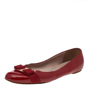 Pre Owned Salvatore Ferragamo Red Patent Leather Vara Bow Ballet Flats Size 40