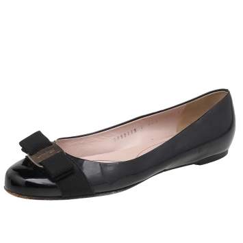 Pre Owned Salvatore Ferragamo Black Patent Leather Vara Bow Ballet Flats Size 36